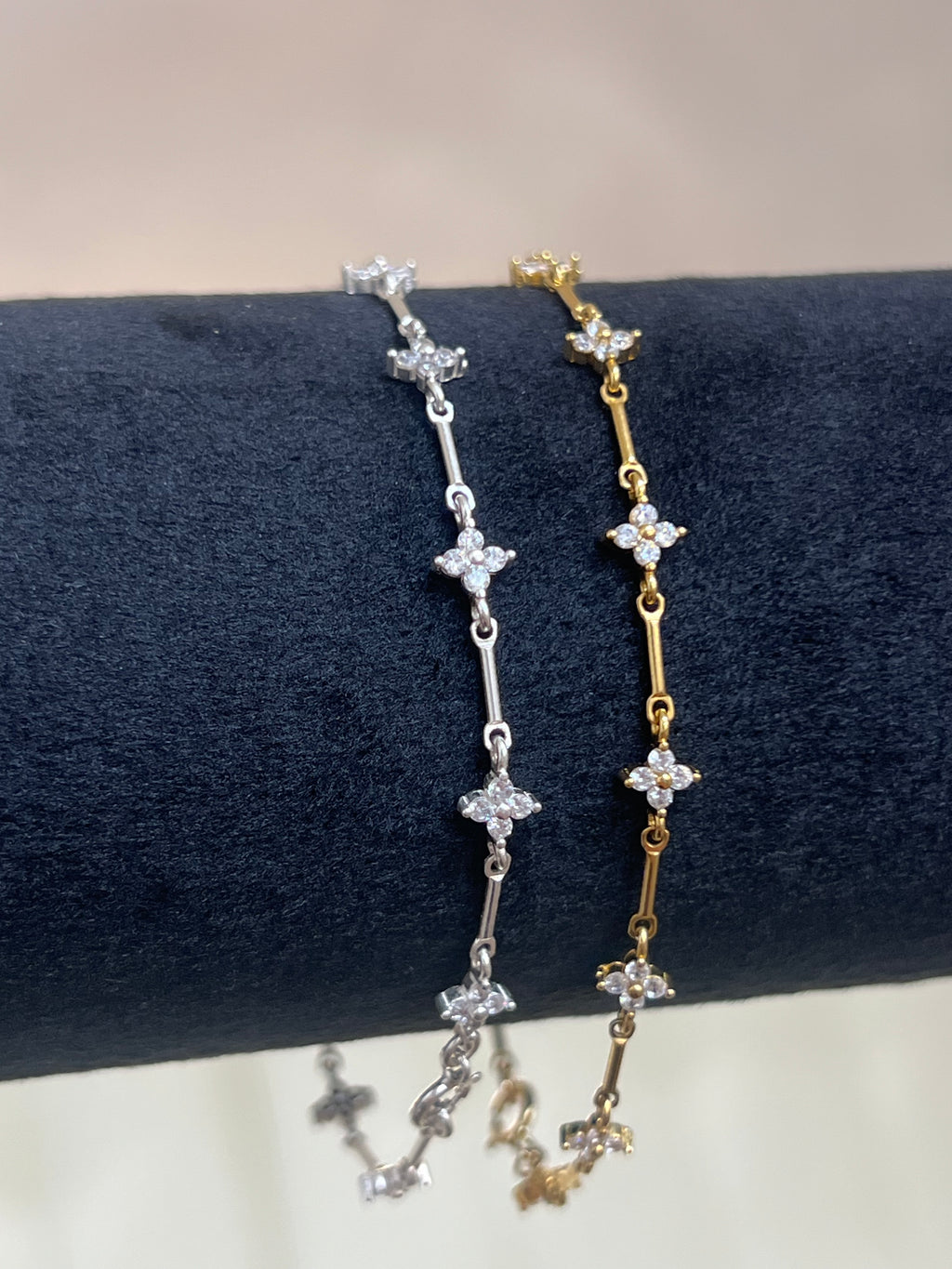 Crystal Clover Solid Bar Station Bracelet | 14 Karat Gold Filled & 925 Sterling Silver