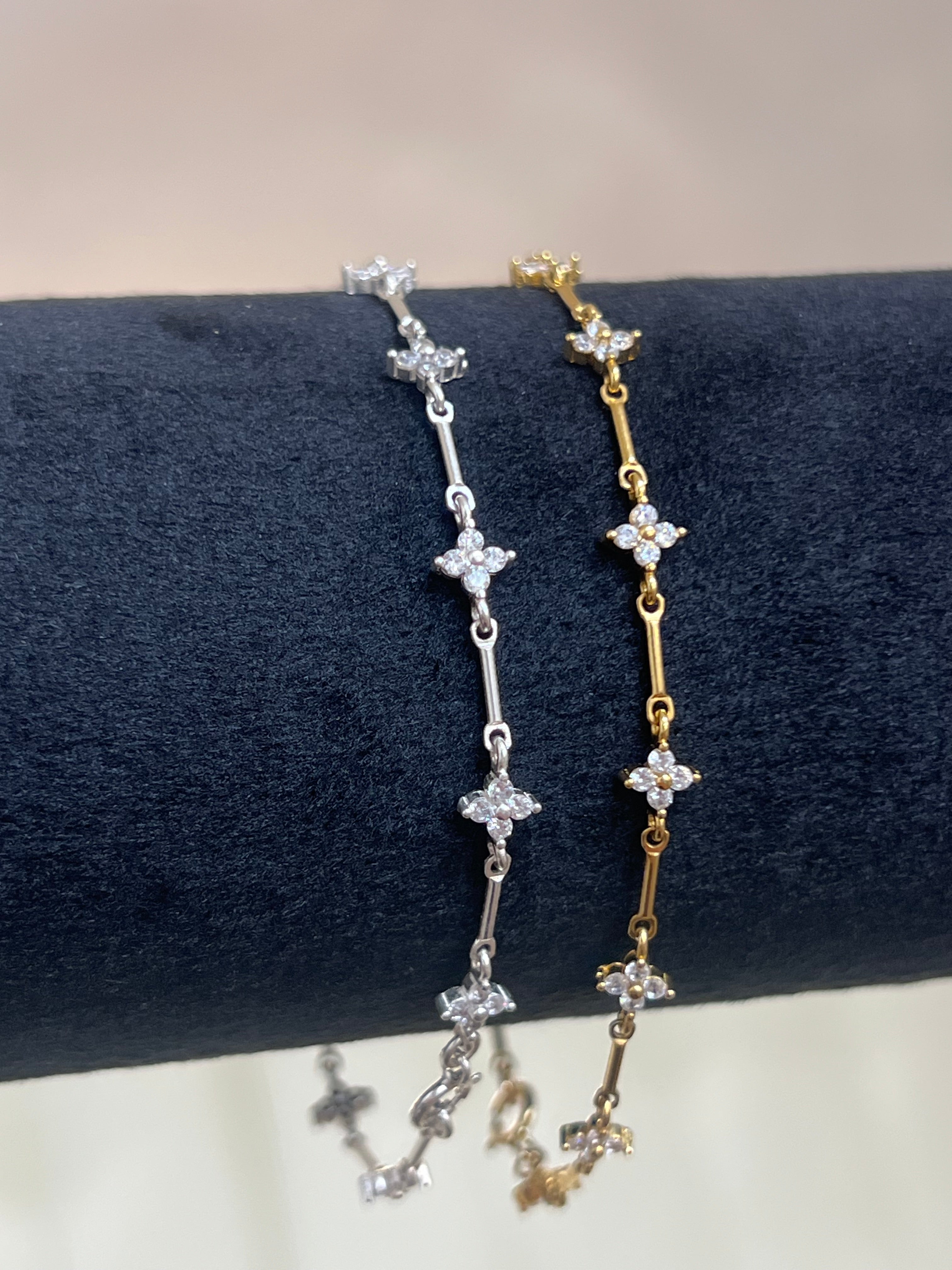 Crystal Clover Solid Bar Station Bracelet | 14 Karat Gold Filled & 925 Sterling Silver